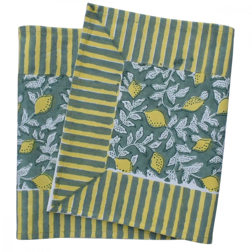 Image of Hand Block Printed Cotton Canvas Table Runner 33x120 cms | Lemon Green 202405