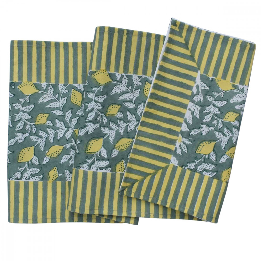 Image of Hand Block Printed Cotton Canvas Table Runner 33x170 cms | Lemon Green 202405