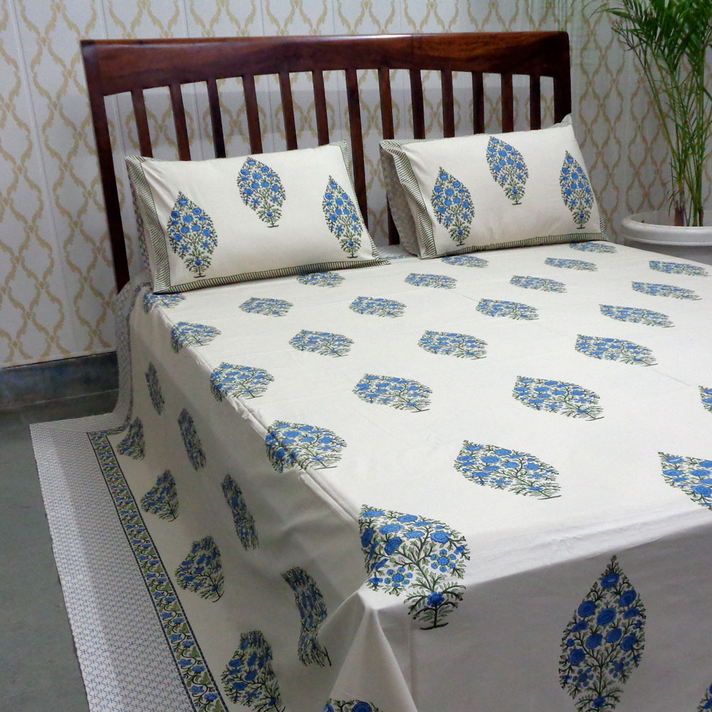 King Size Block Printed Percale Fine Cotton Bedspread with 2 Pillow Cases 700351