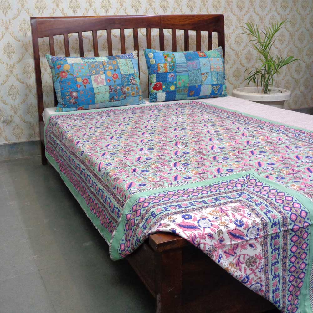 Hand Block Printed Cotton Twin Size Dohar Wild Flower Ocean 205629