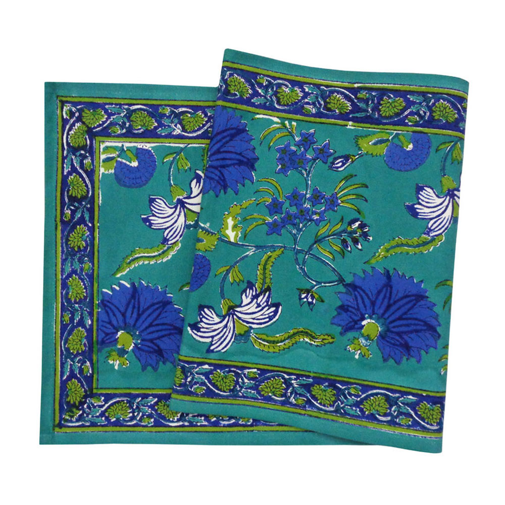 Hand Block Printed Cotton Canvas Table Runner 33x120 cms Flower Blossom Sea Green Gud 106040