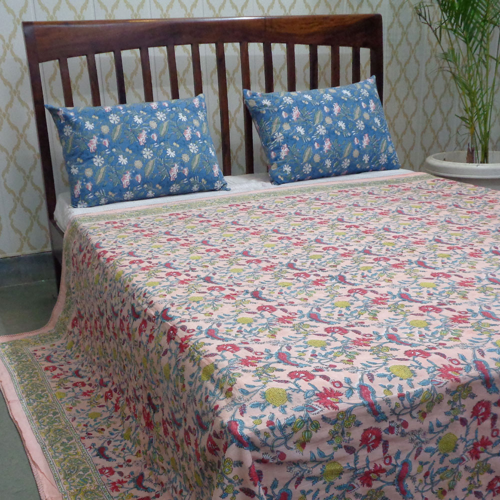 Indian Hand Block Printed Cotton Dohar Queen Size Jungle Flower Peach 501074