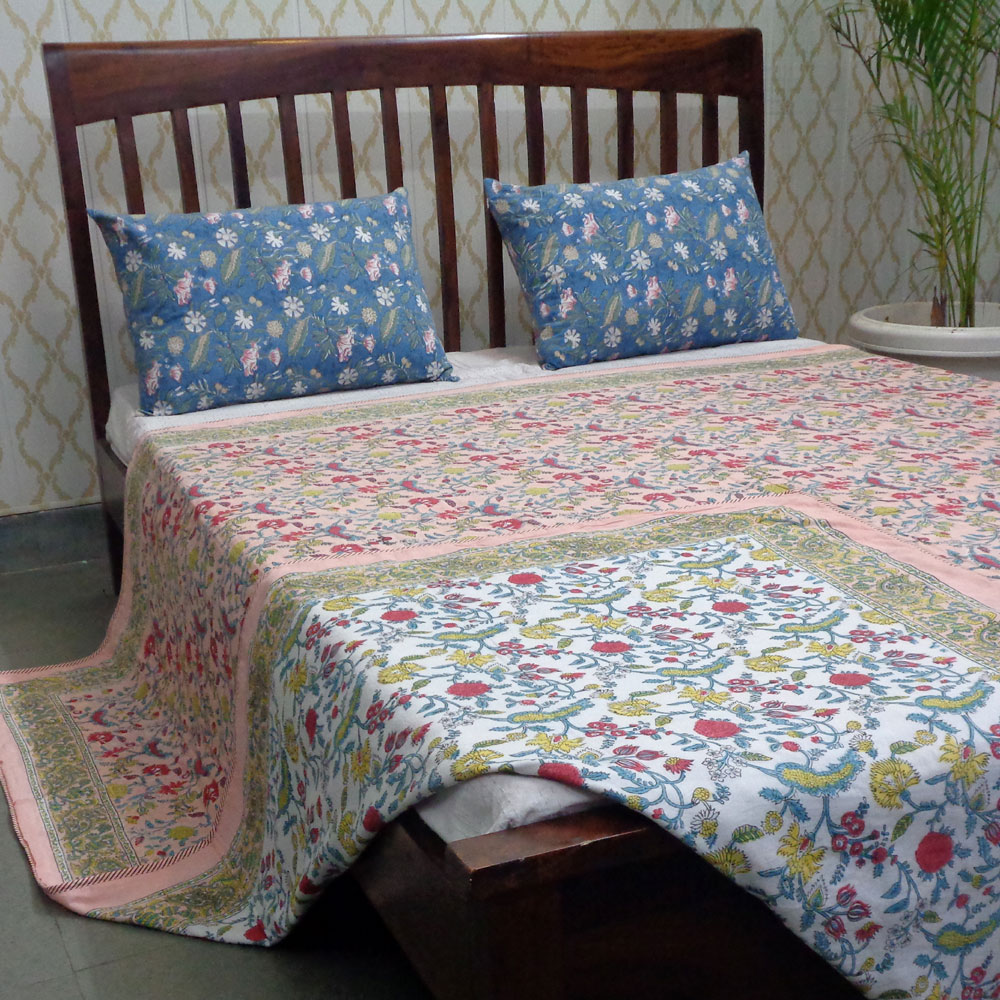 Indian Hand Block Printed Cotton Dohar Queen Size Jungle Flower Peach 501074