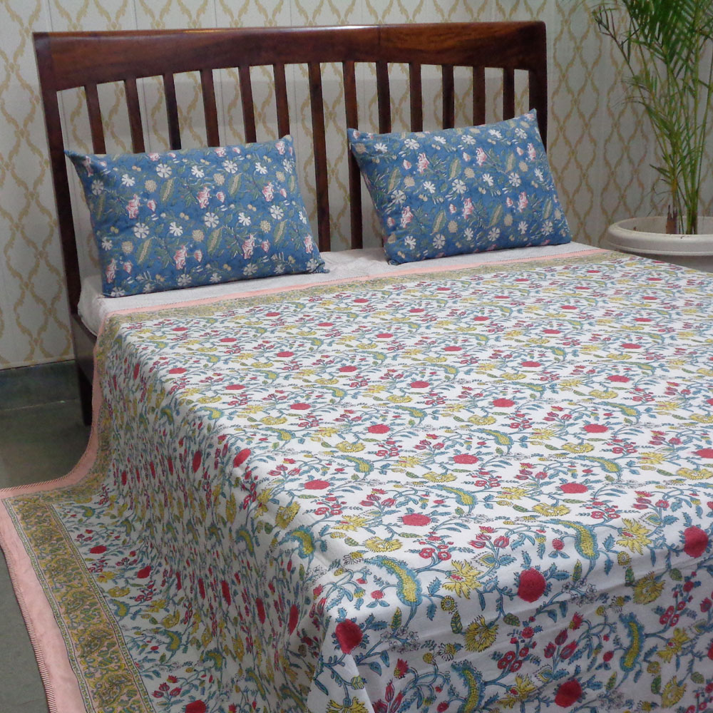 Indian Hand Block Printed Cotton Dohar Queen Size Jungle Flower Peach 501074