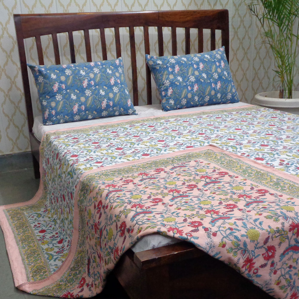 Indian Hand Block Printed Cotton Dohar Queen Size Jungle Flower Peach 501074