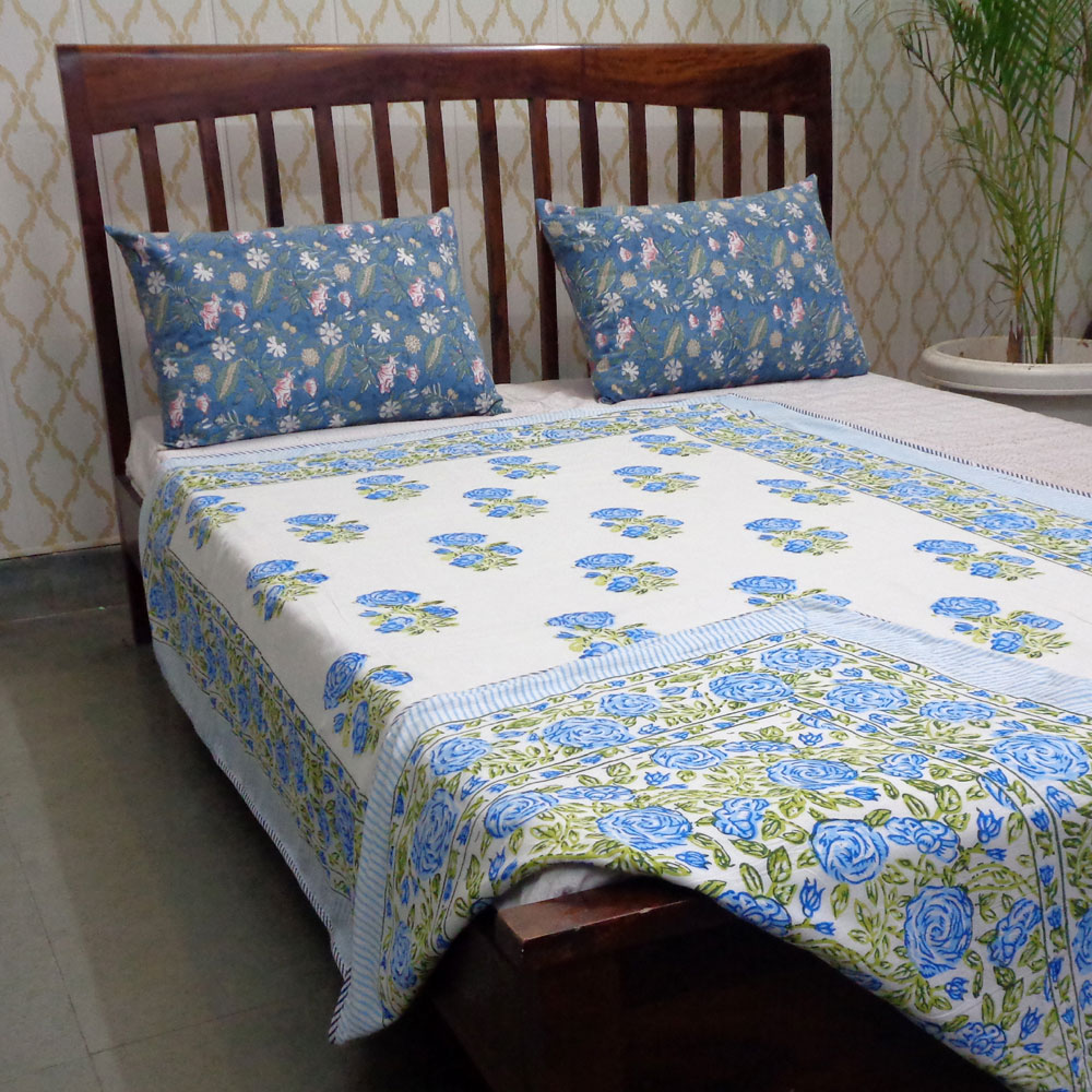 Hand Block Printed Cotton Twin Size Dohar Cerulean Rose 401355