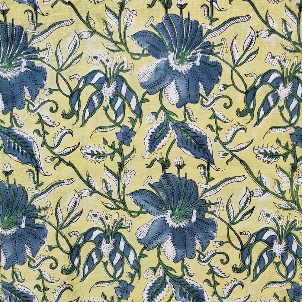 5 Yard Running Fabric  Hand Block Printed Cotton 20 Sheeting Fabric  Olive Flower Gud 602183