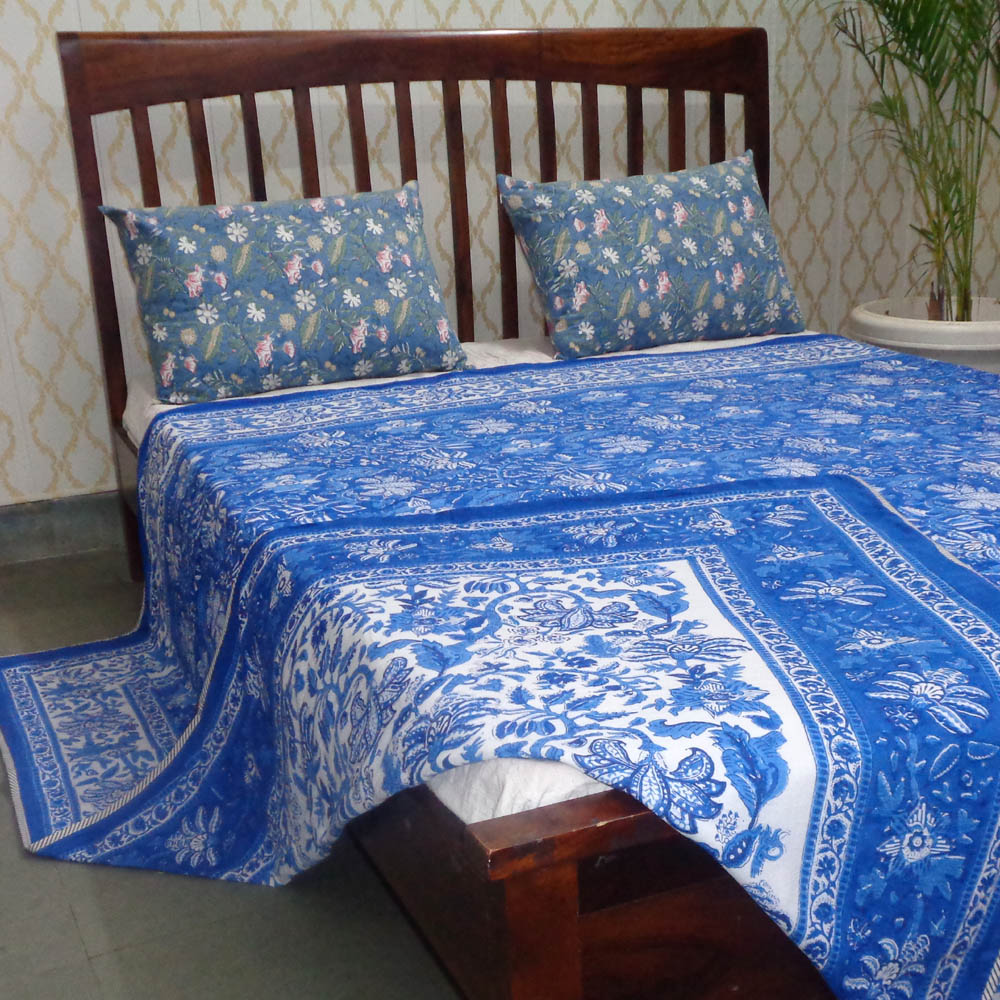Indian Hand Block Printed Cotton Dohar Queen Size Anarkali Blue 501540