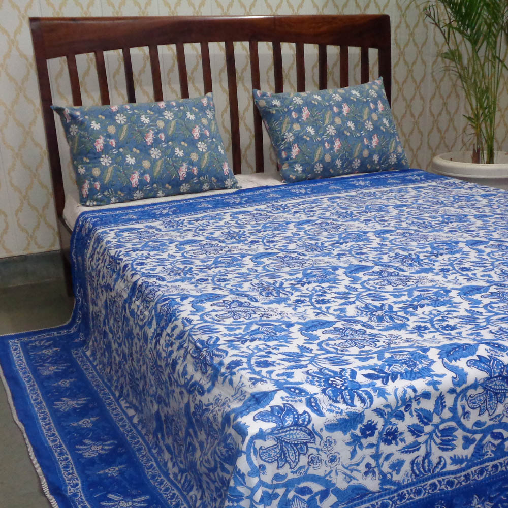 Indian Hand Block Printed Cotton Dohar Queen Size Anarkali Blue 501540