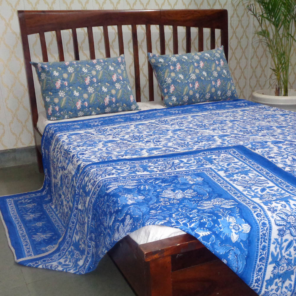 Indian Hand Block Printed Cotton Dohar Queen Size Anarkali Blue 501540