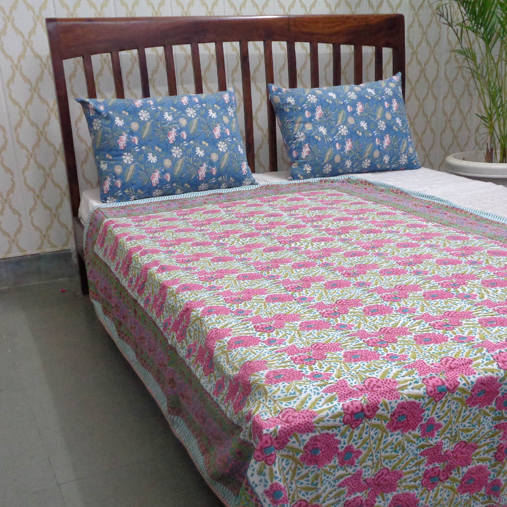 Hand Block Printed Cotton Twin Size Dohar Flower Candy 501686