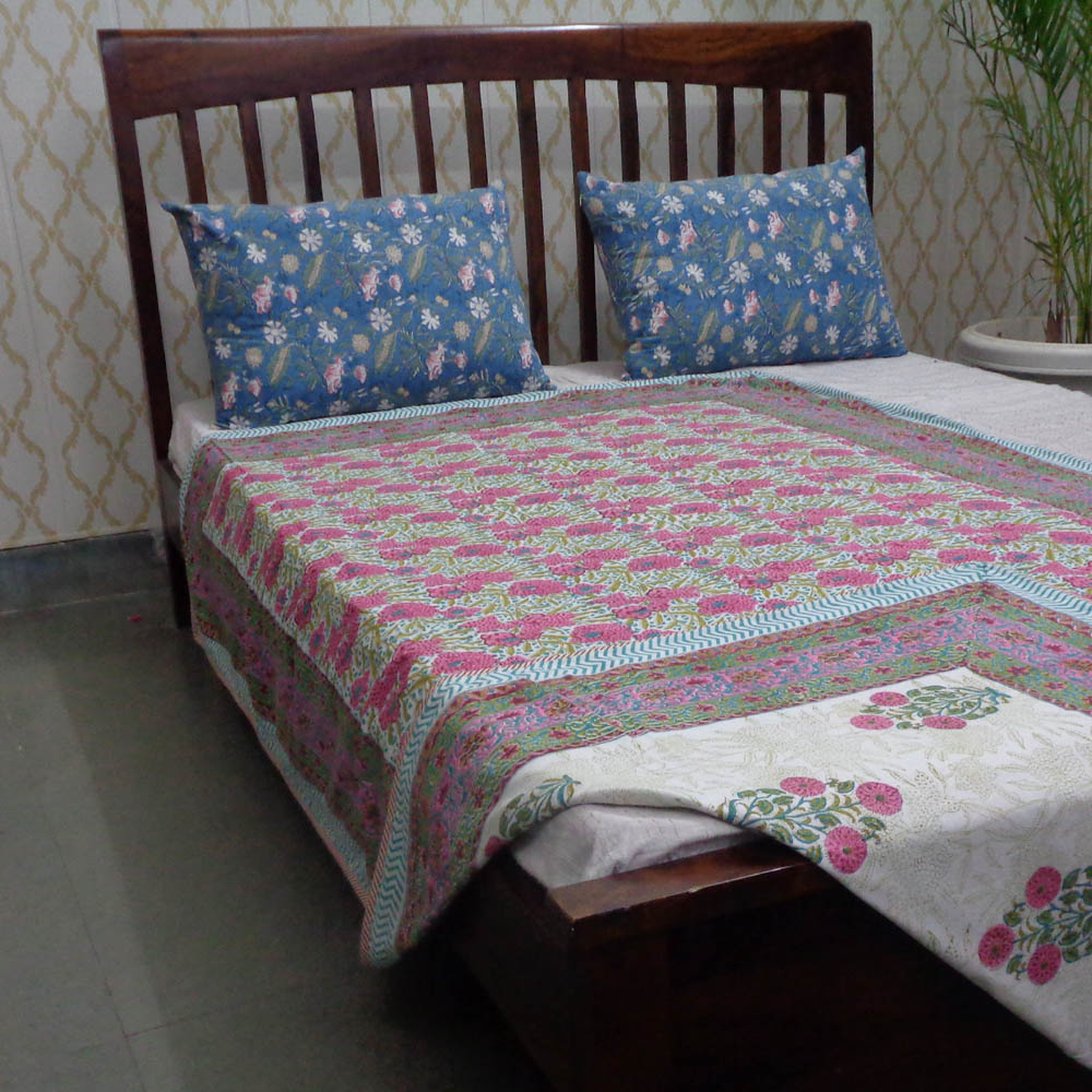 Hand Block Printed Cotton Twin Size Dohar Flower Candy 501686