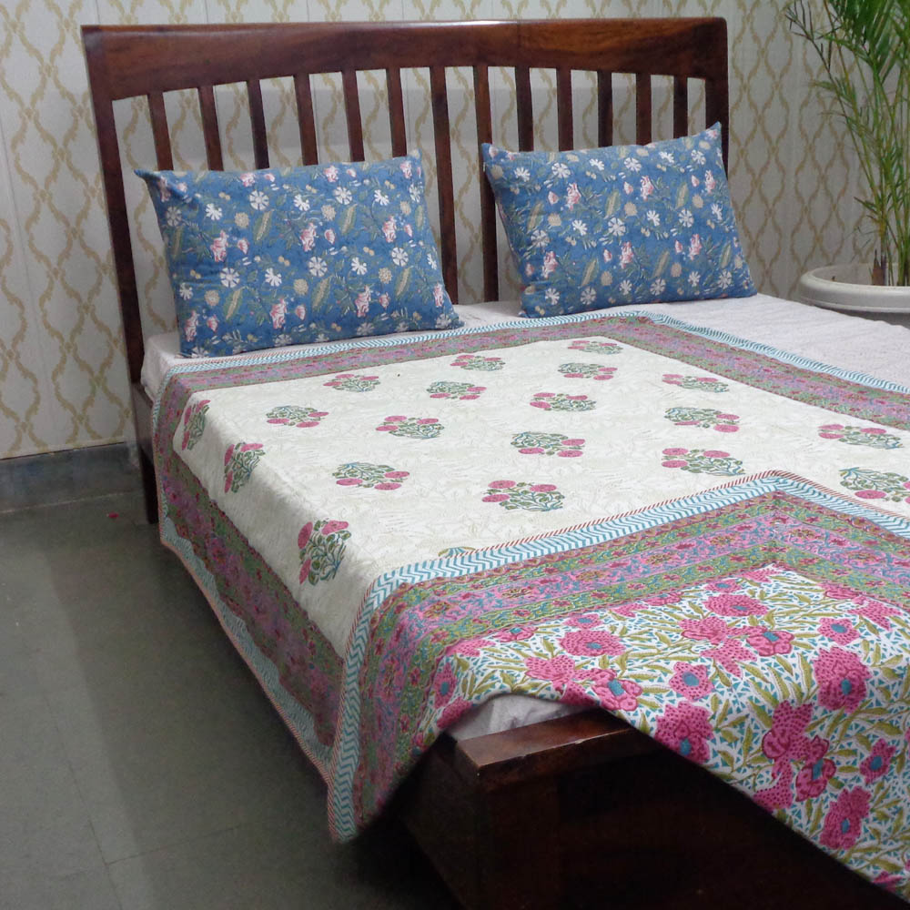 Hand Block Printed Cotton Twin Size Dohar Flower Candy 501686