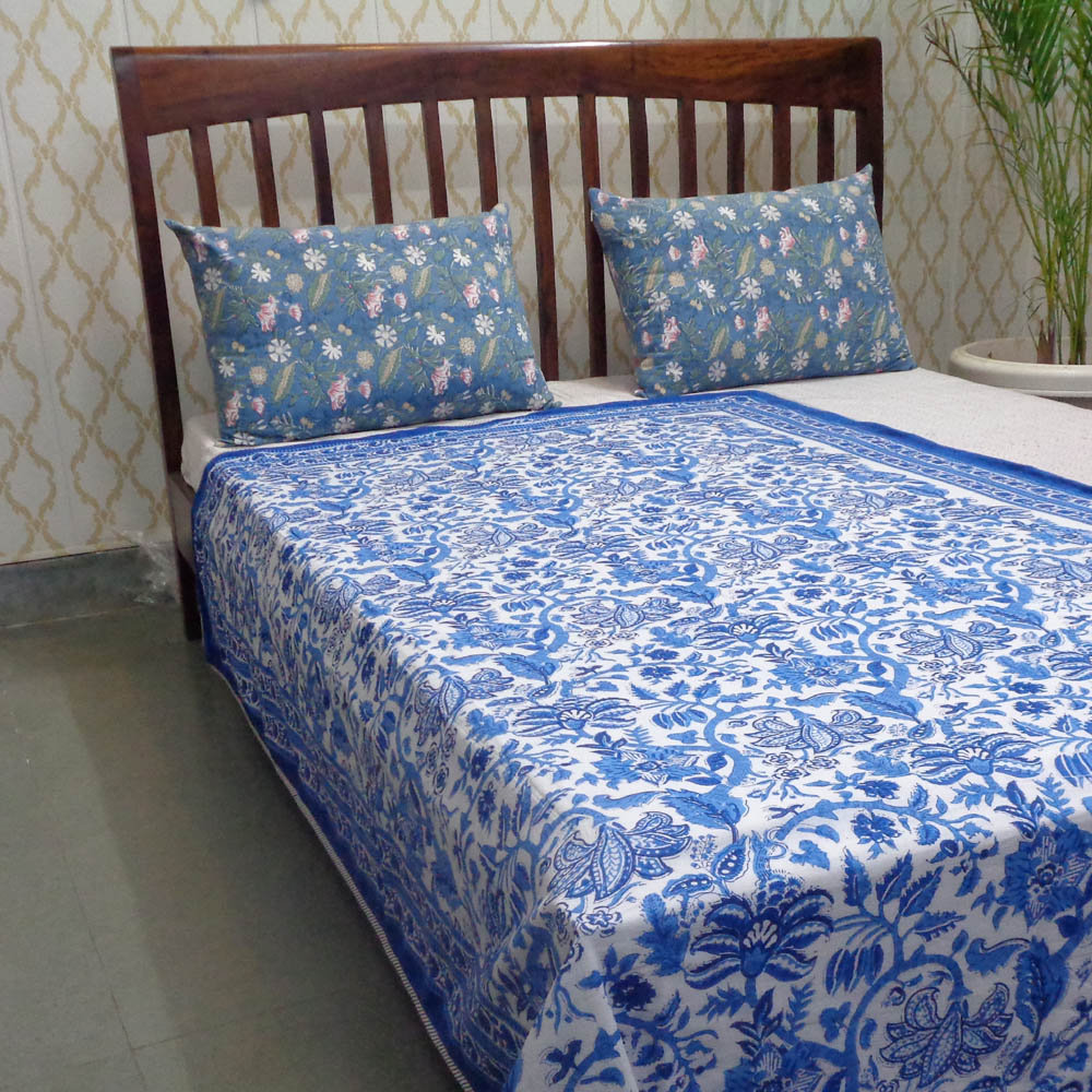 Hand Block Printed Cotton Twin Size Dohar Anarkali Blue 501784