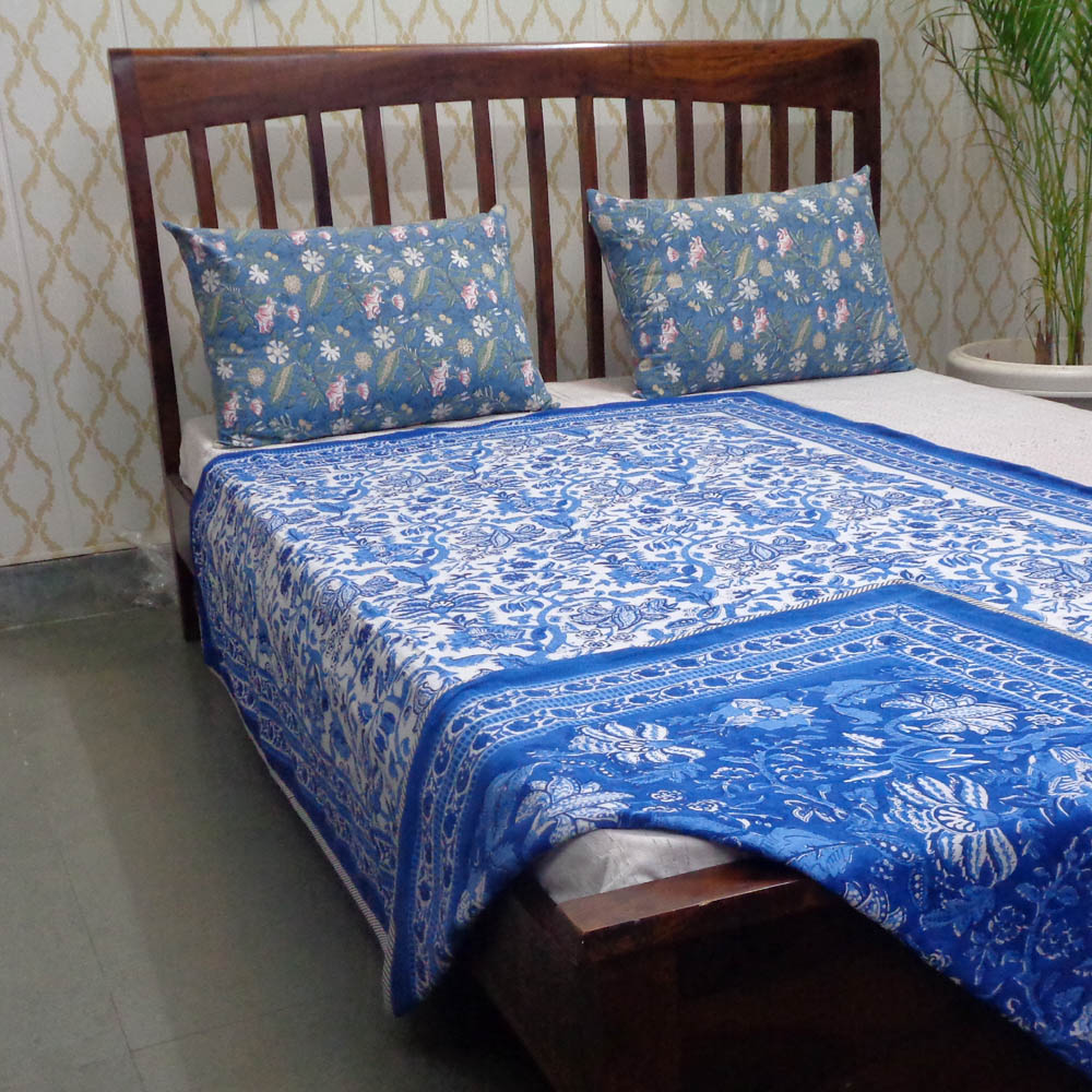 Hand Block Printed Cotton Twin Size Dohar Anarkali Blue 501784