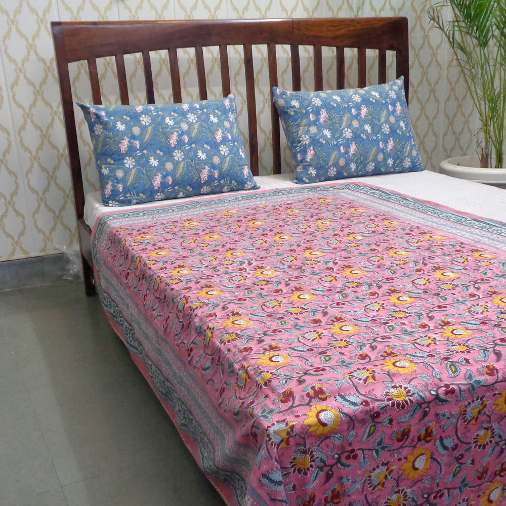 Hand Block Printed Cotton Twin Size Dohar Phuljhari Pink 501792