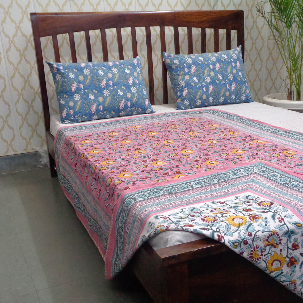 Hand Block Printed Cotton Twin Size Dohar Phuljhari Pink 501792