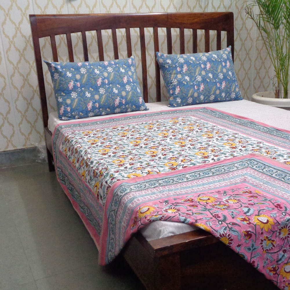 Hand Block Printed Cotton Twin Size Dohar Phuljhari Pink 501792