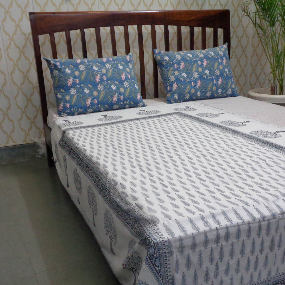 Hand Block Printed Cotton Twin Size Dohar Winter Fall Tree Grey 107195