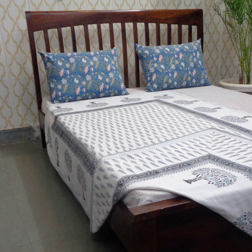 Hand Block Printed Cotton Twin Size Dohar Winter Fall Tree Grey 107195