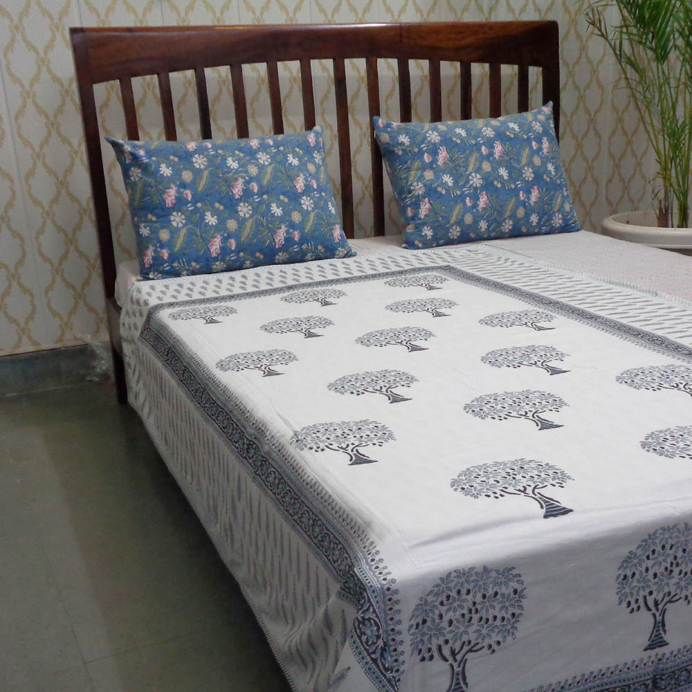 Hand Block Printed Cotton Twin Size Dohar Winter Fall Tree Grey 107195