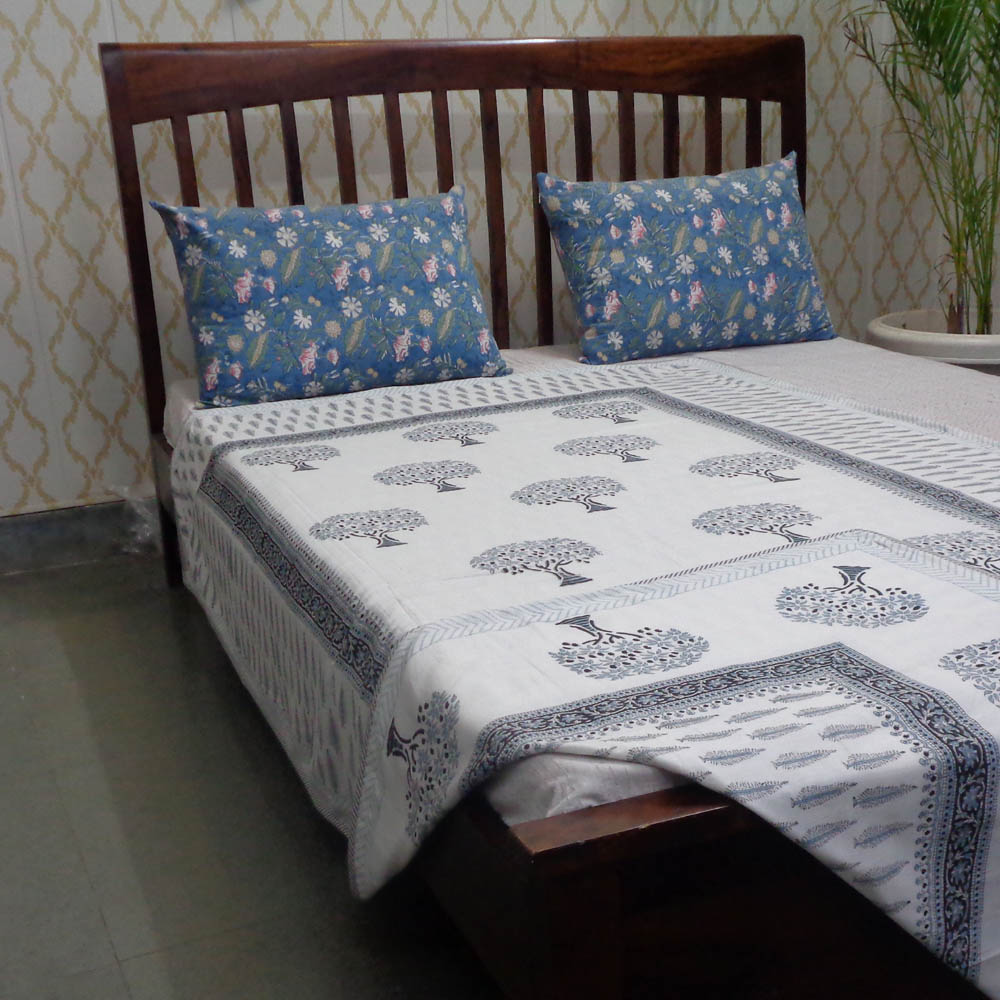 Hand Block Printed Cotton Twin Size Dohar Winter Fall Tree Grey 107195