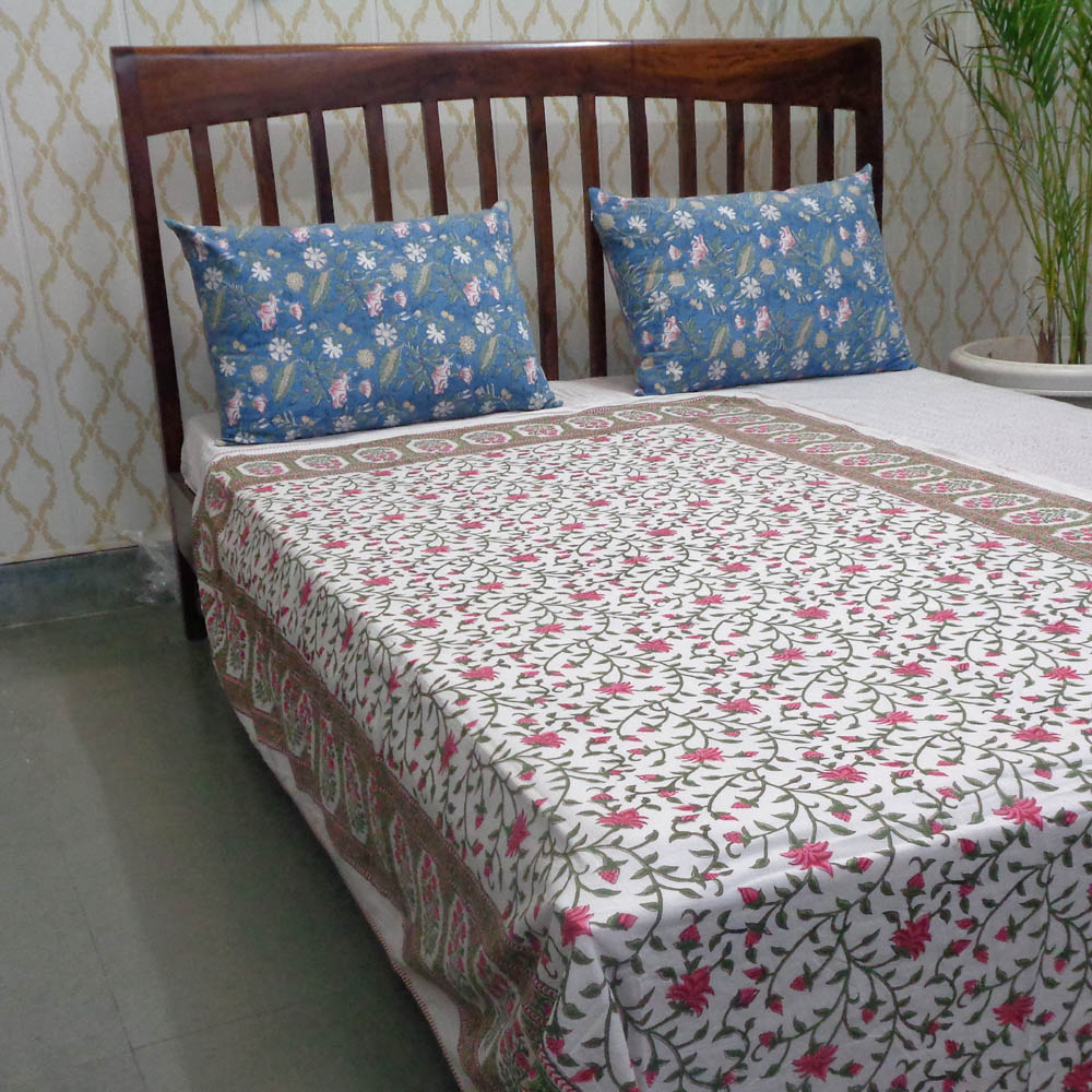 Hand Block Printed Cotton Twin Size Dohar Floral Bale Pink 501825