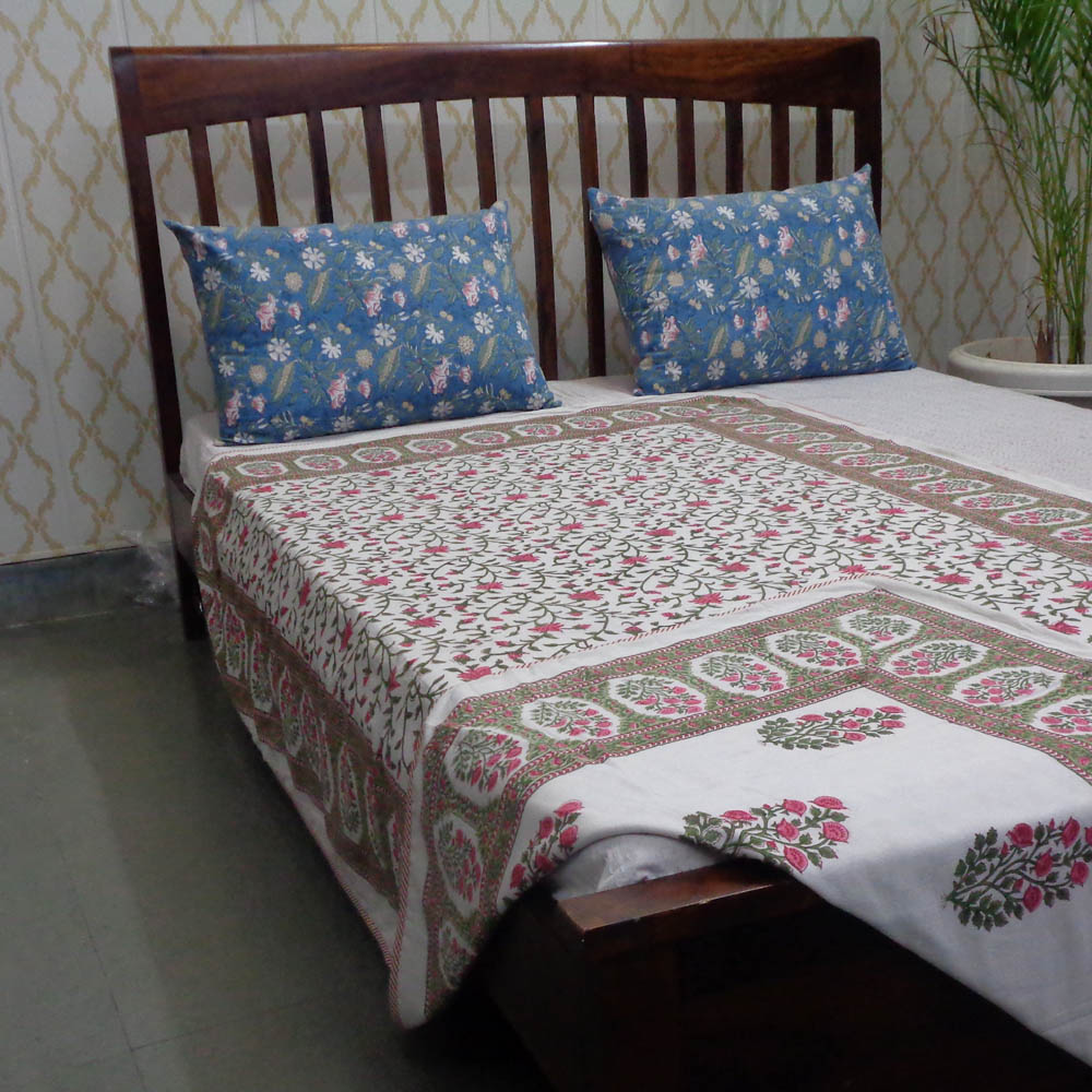 Hand Block Printed Cotton Twin Size Dohar Floral Bale Pink 501825