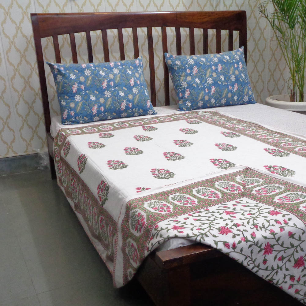 Hand Block Printed Cotton Twin Size Dohar  Floral Bale Pink 501825