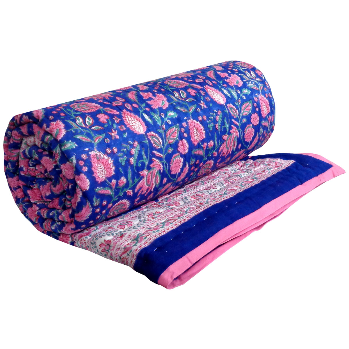 Hand Block Printed Cotton Queen Size Quilt New Blue Pink 504725