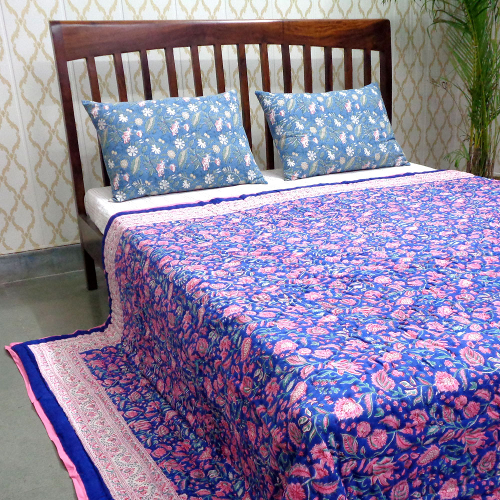 Hand Block Printed Cotton Queen Size Quilt New Blue Pink 504725