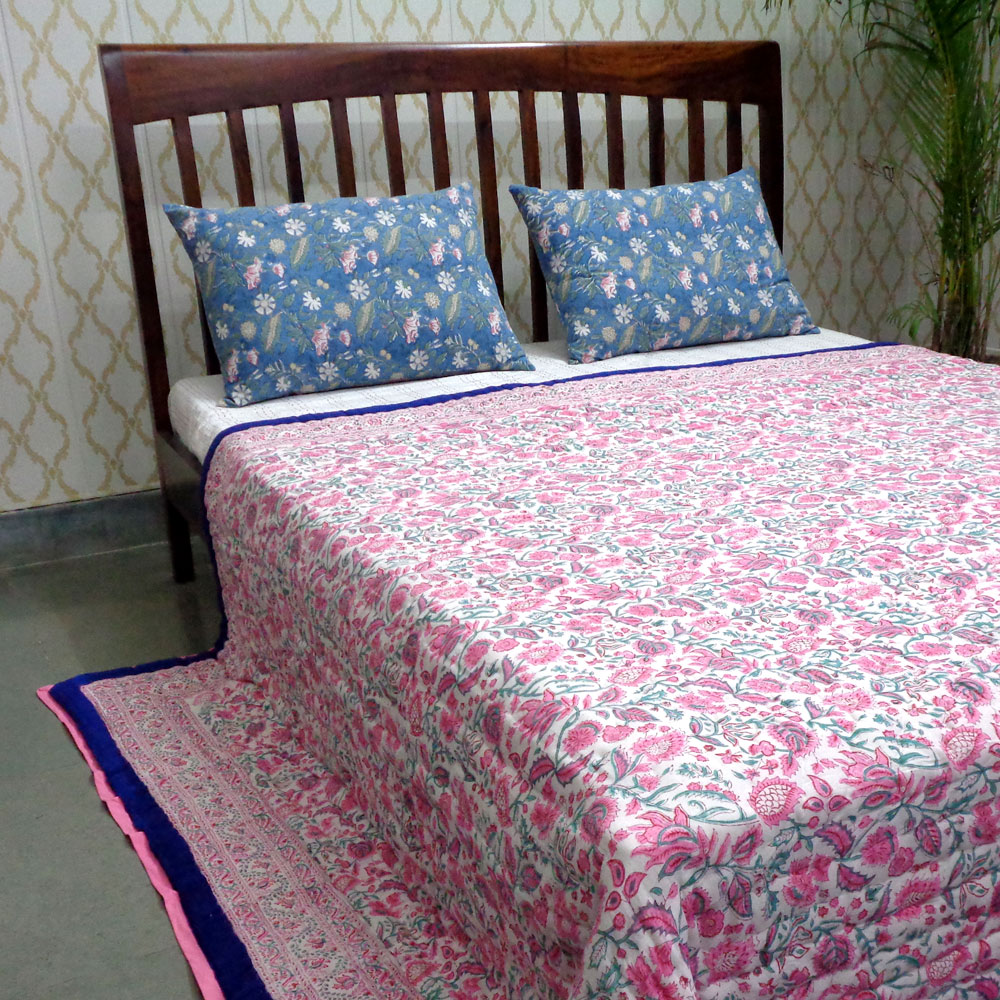Hand Block Printed Cotton Queen Size Quilt New Blue Pink 504725