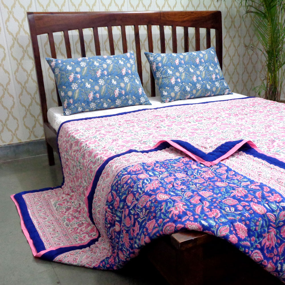 Hand Block Printed Cotton Queen Size Quilt New Blue Pink 504725