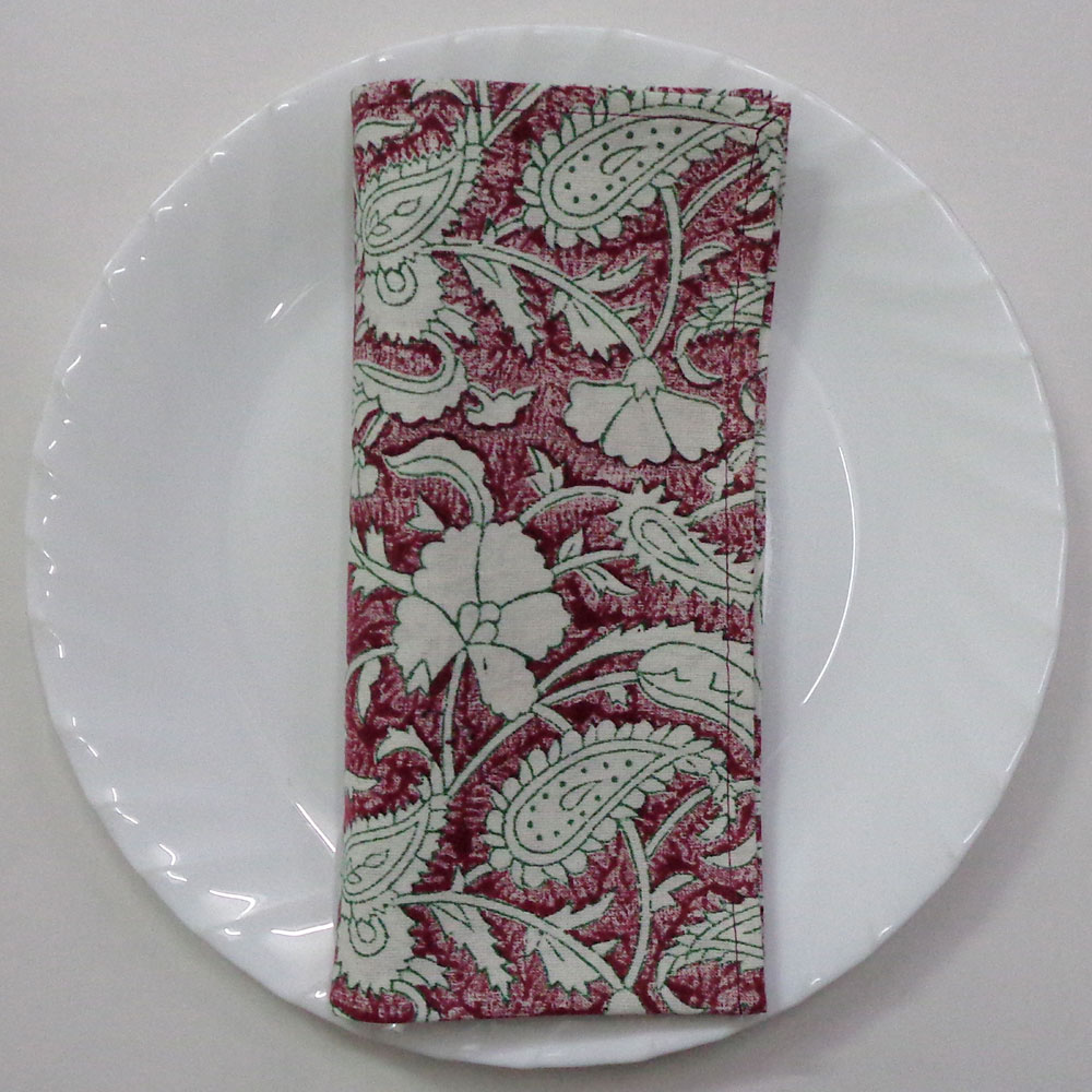 Hand Block Printed Cotton Napkin 45x45 cms Set of 4 Napkins Paisley Rose Vine 504851