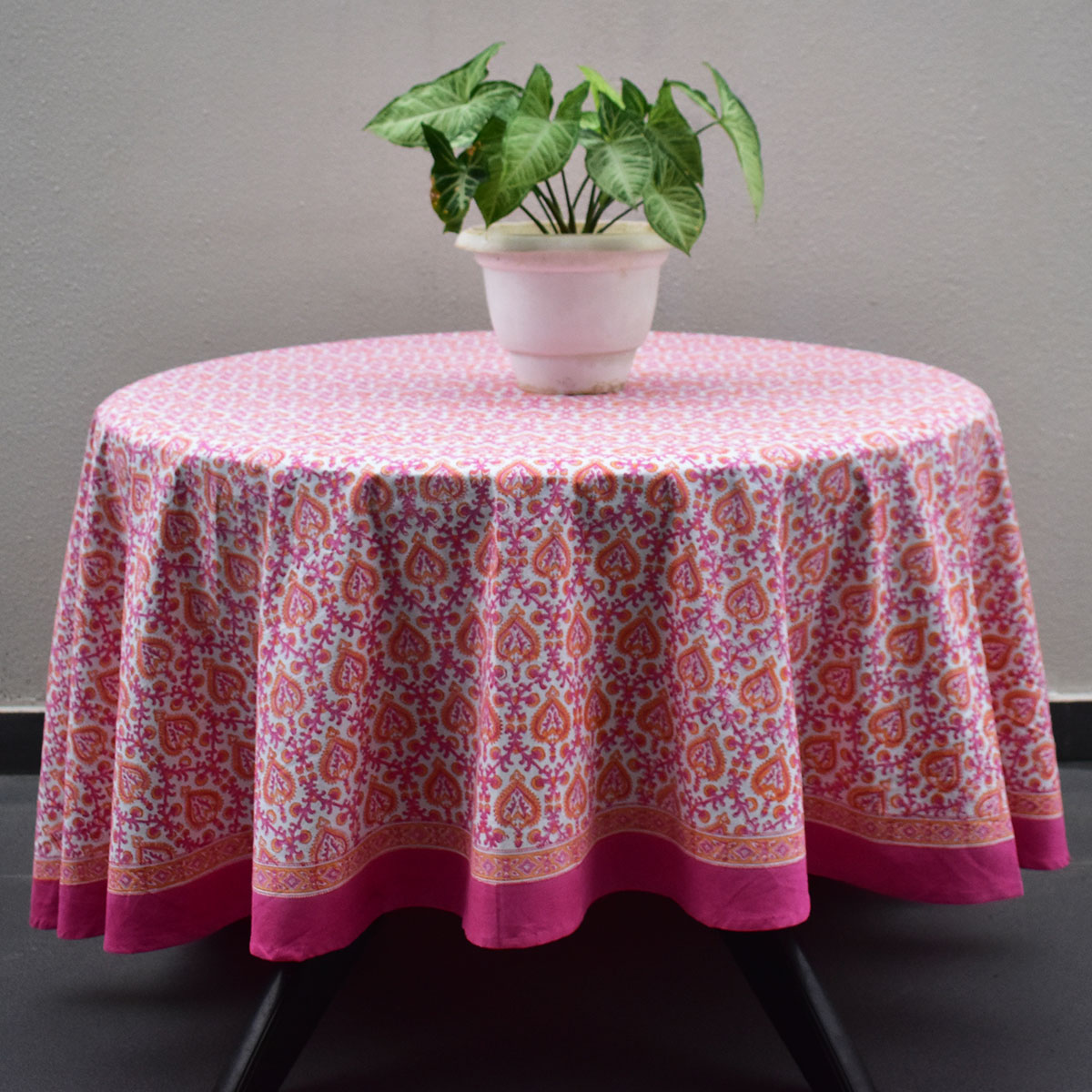 Round 220 cms Cotton French Design Table Cover Mughal Pink Orange 202523