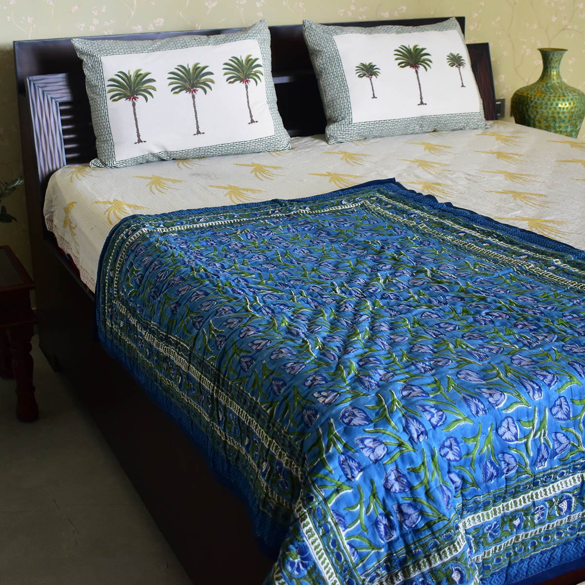 Hand Block Printed Baby Quilt Jaipur Razai Blue Tulip 601675