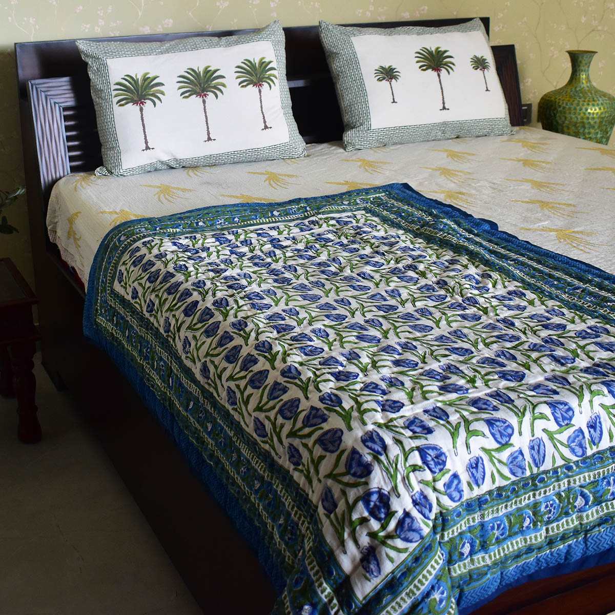 Hand Block Printed Baby Quilt Jaipur Razai Blue Tulip 601675