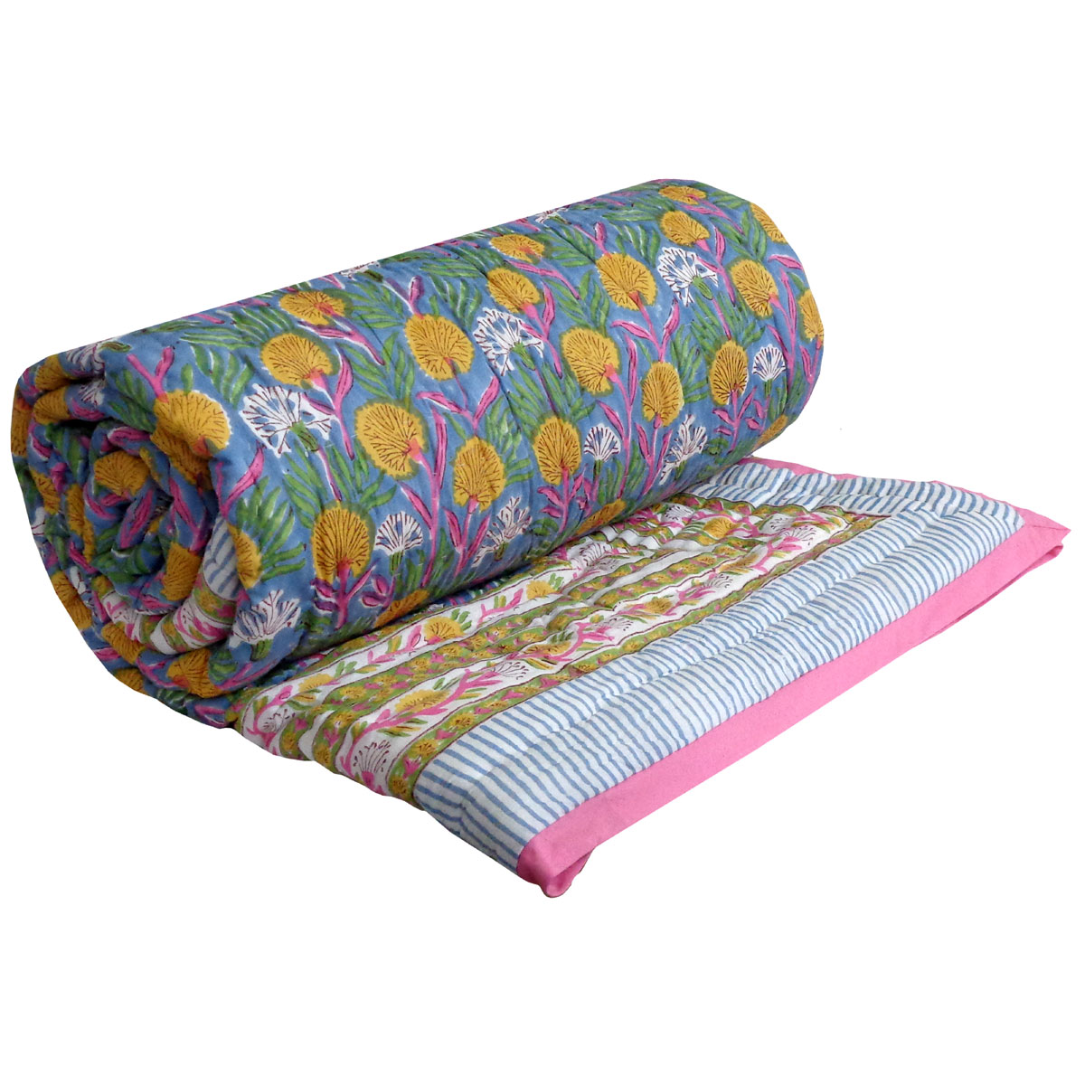 Hand Block Printed Cotton Twin Size Quilt Dandilion Cornflower 605167