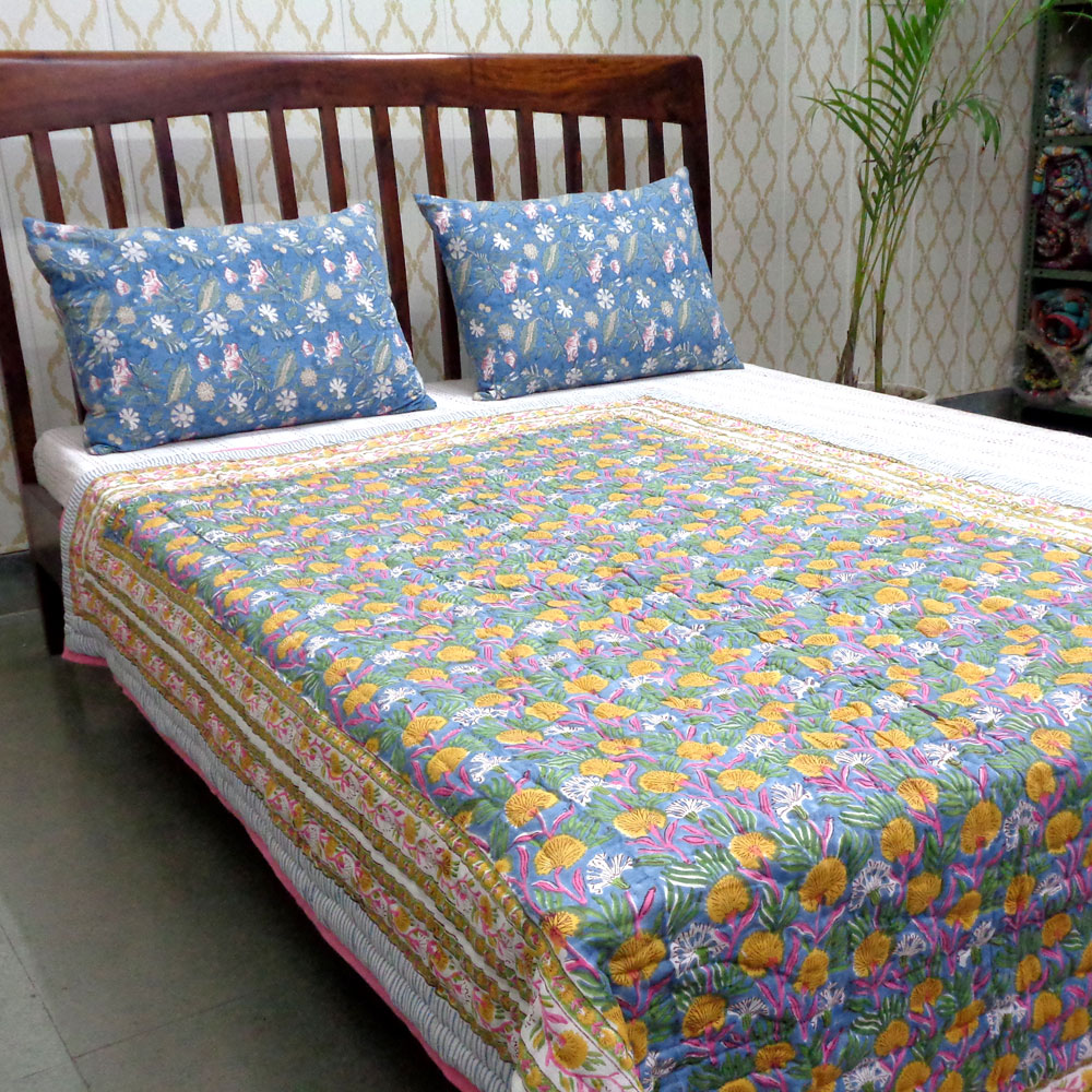 Hand Block Printed Cotton Twin Size Quilt Dandilion Cornflower 605167