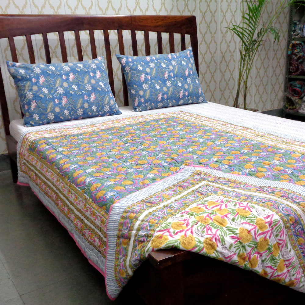 Hand Block Printed Cotton Twin Size Quilt Dandilion Cornflower 605167