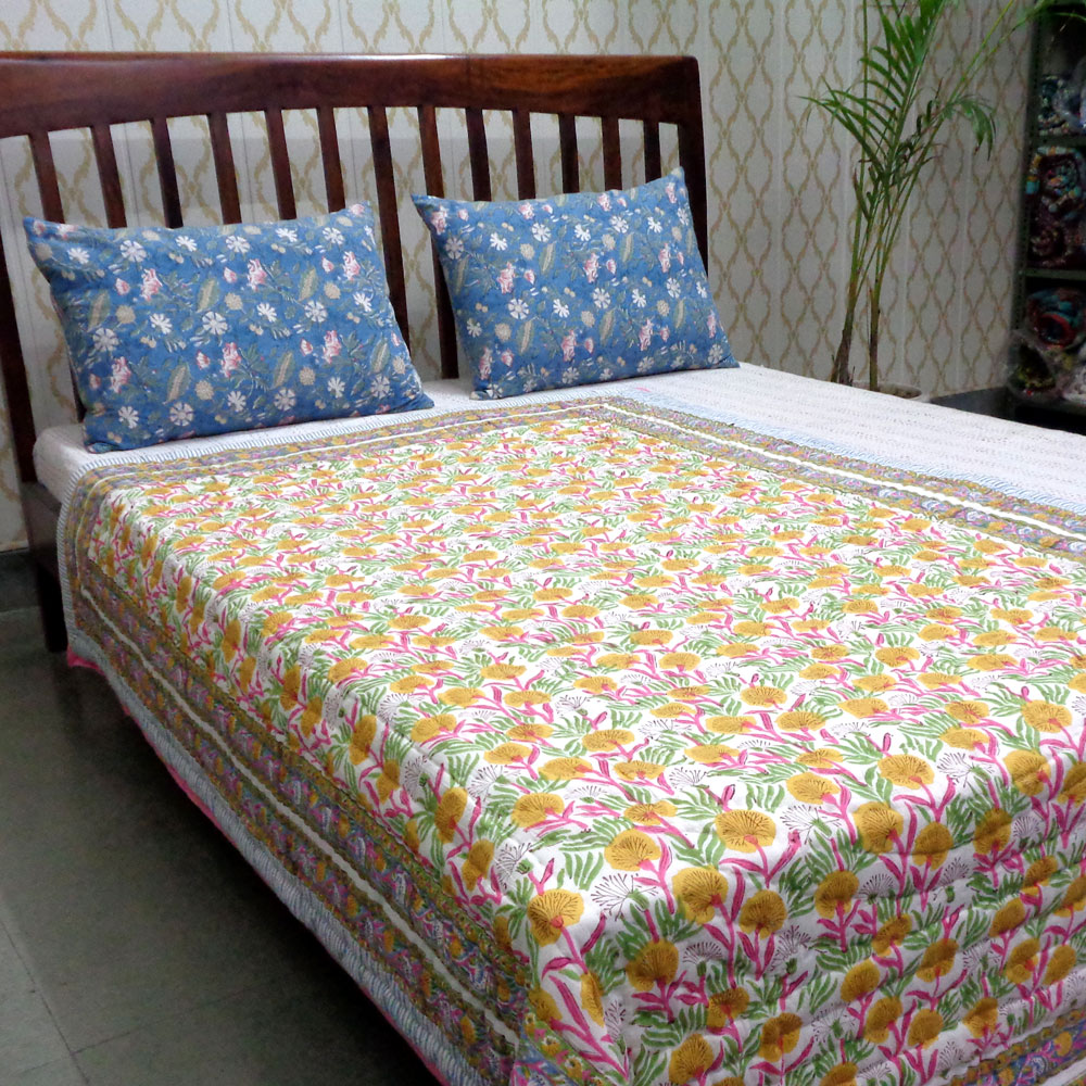 Hand Block Printed Cotton Twin Size Quilt Dandilion Cornflower 605167