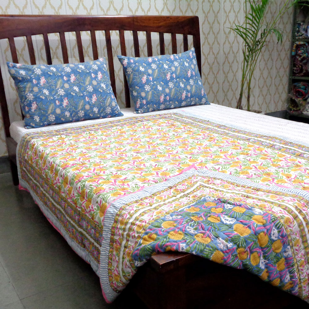 Hand Block Printed Cotton Twin Size Quilt Dandilion Cornflower 605167