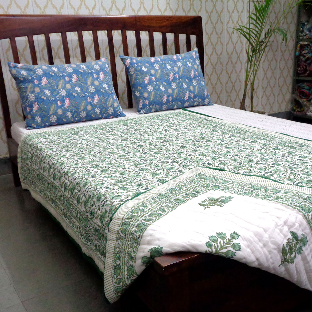 Hand Block Printed Cotton Twin Size Quilt Hari Bagia Jaal 605170