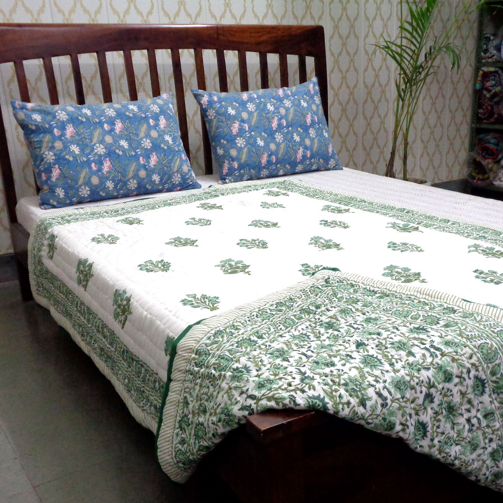 Hand Block Printed Cotton Twin Size Quilt Hari Bagia Jaal 605170