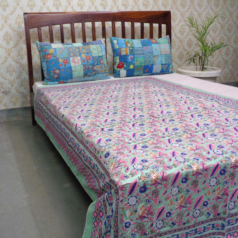 Hand Block Printed Cotton Twin Size Dohar Wild Flower Ocean 205629
