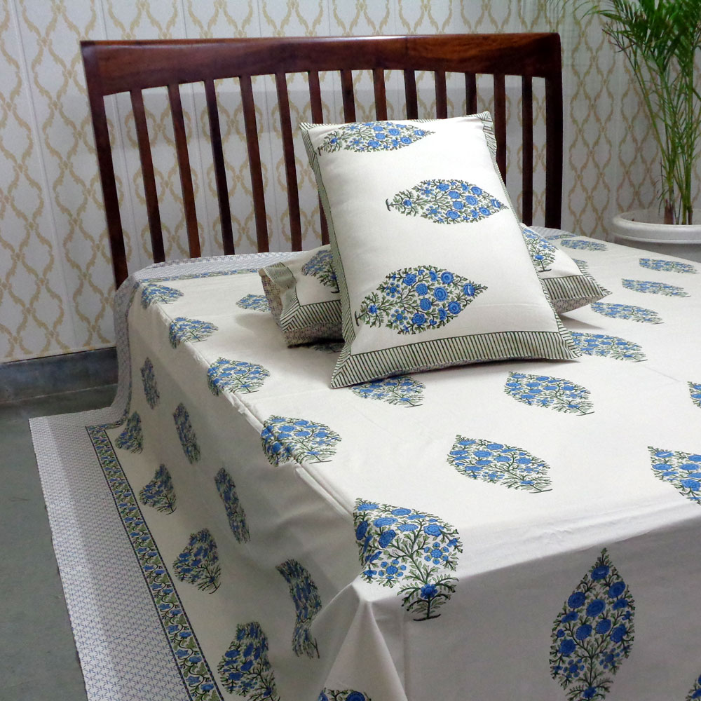 King Size Block Printed Percale Fine Cotton Bedspread with 2 Pillow Cases 700351