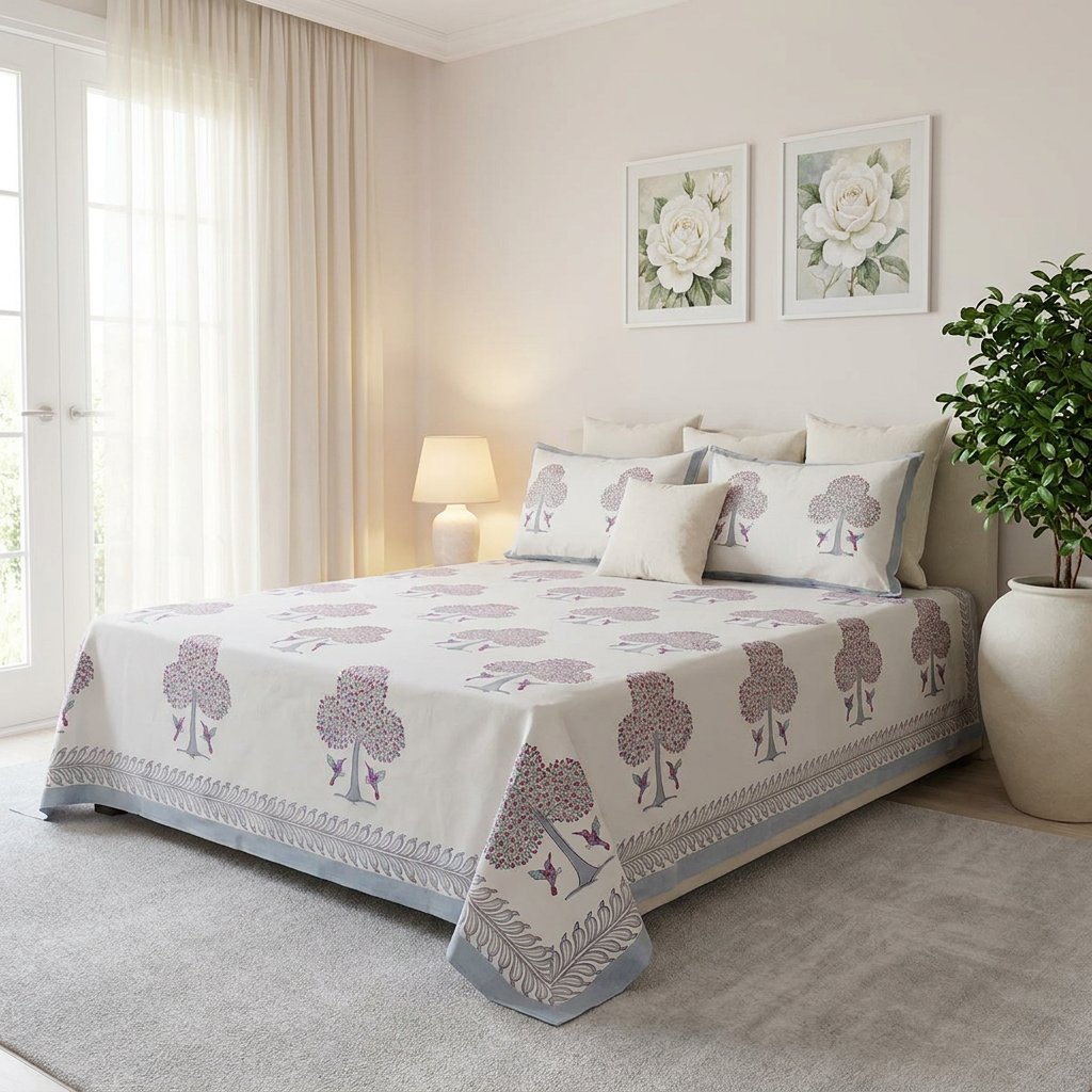 Hand Block Printed Cotton Percale Queen Size Bedspread 700224