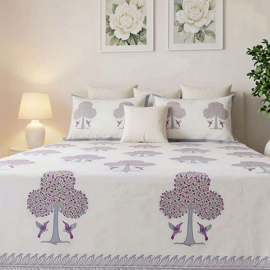 Hand Block Printed Cotton Percale Queen Size Bedspread  700224
