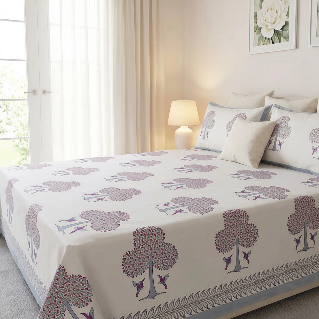 Hand Block Printed Cotton Percale Queen Size Bedspread 700224