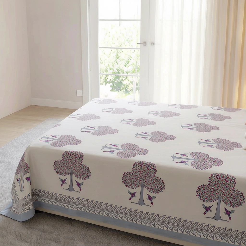Hand Block Printed Cotton Percale Queen Size Bedspread 700224